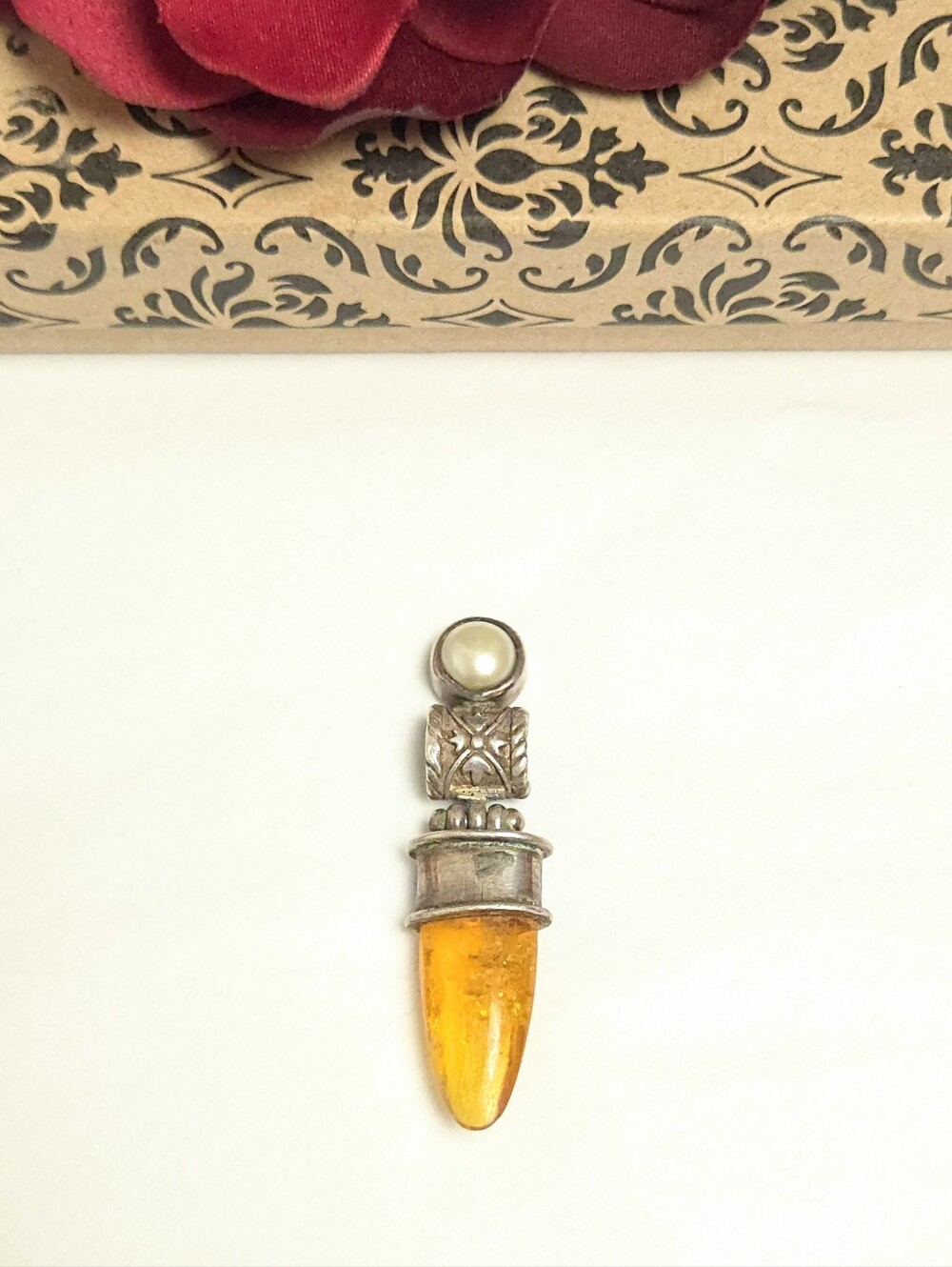 Vintage Sterling Silver Real Pearl & Baltic Amber Dangle Pendant